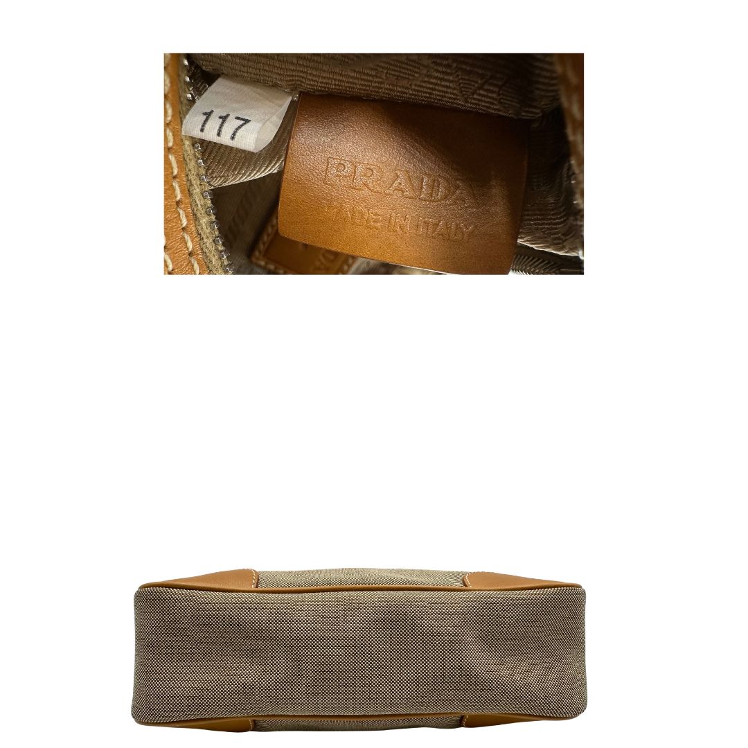 base Borsa Prada in tessuto color corda con finiture in pelle marroni e parti metalliche argentate; munita di un manico singolo, di lusso, originale, ottime condizioni.