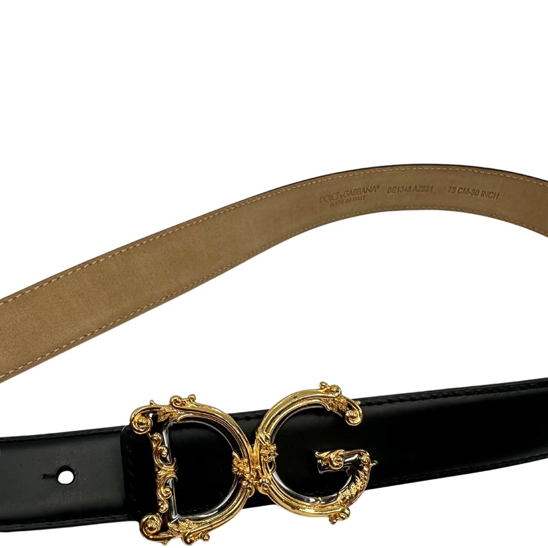  Cintura Dolce & Gabbana in pelle nera con parti metalliche dorate e argentate, di lusso, originale, ottime condizioni, usata- 