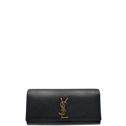 fronbt Pochette Saint Laurent in pelle nera con parti metalliche dorate; da portare a mano. Full set, di lusso, originale, ottime condizioni, usata. 