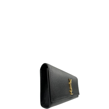 lato Pochette Saint Laurent in pelle nera con parti metalliche dorate; da portare a mano. Full set, di lusso, originale, ottime condizioni, usata. 