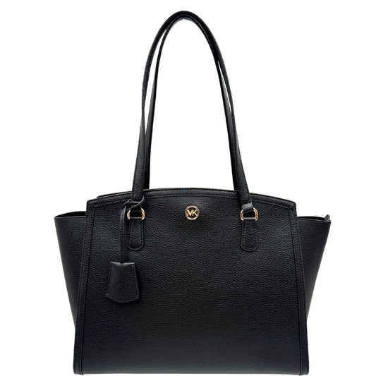 front  Borsa MK in pelle martellata nera con parti metalliche dorate; munita di doppi manici, indossabile a spalla, di lusso, originale, ottime condizioni, usata. 