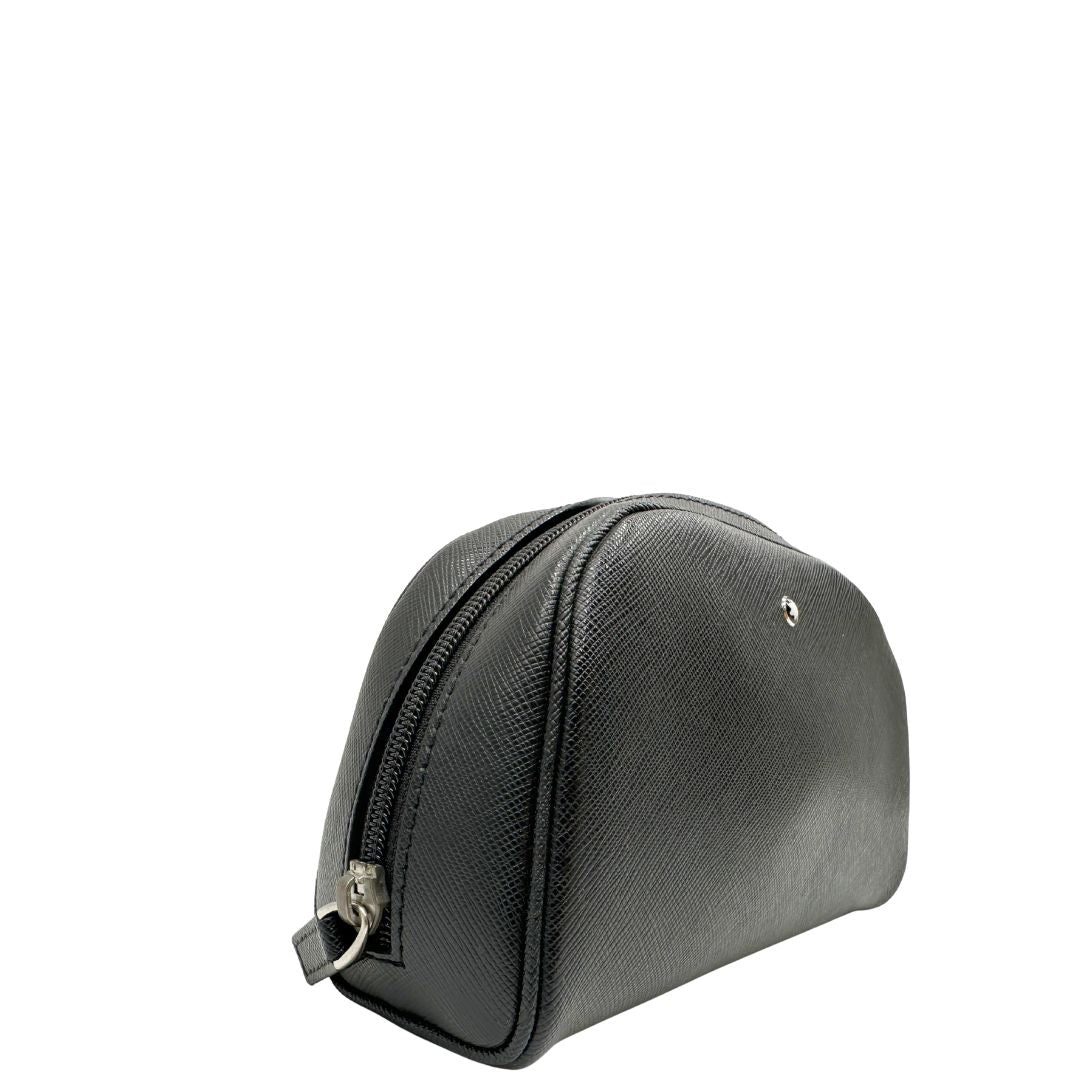 lato  Pochette Montblanc in pelle saffiano nera, di lusso, originale, ottime condizioni, usata. 