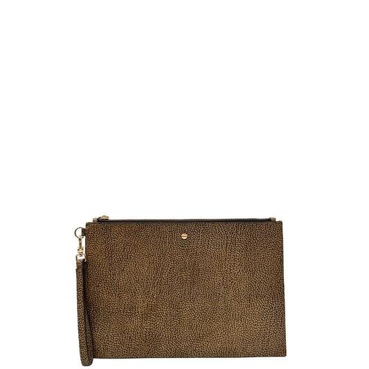 Front di una Pochette Borbonese in pelle biege trama occhio di pernice con parti metalliche dorate; munita di un pulsino amovibile. Indossabile a mano. Originale, usata, di lusso, in ottime condizioni