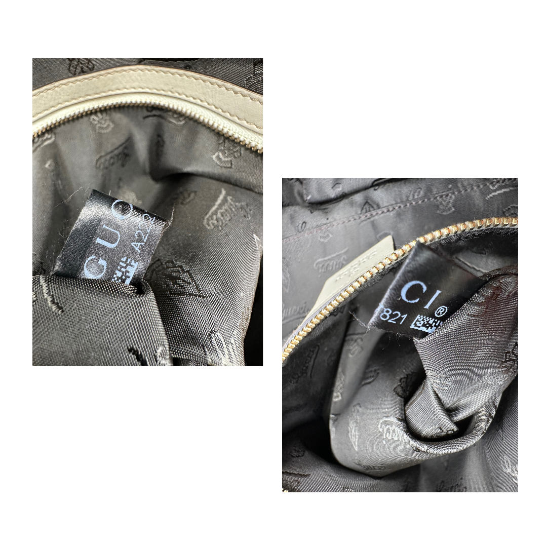 Borsa Gucci in pelle bianco panna con metalleria in oro dorato e inserti in pelle avorio, munita di doppi manici in bamboo e tracolla amovibile. Completa di dutsbag. Originale, usata, di lusso, in ottime condizioni.