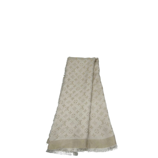 Scialle Louis Vuitton in 49% seta, 24% viscosa e 9% poliestere color bianco avorio. Munito di scatola, di lusso, originale, otime condizioni, usata.