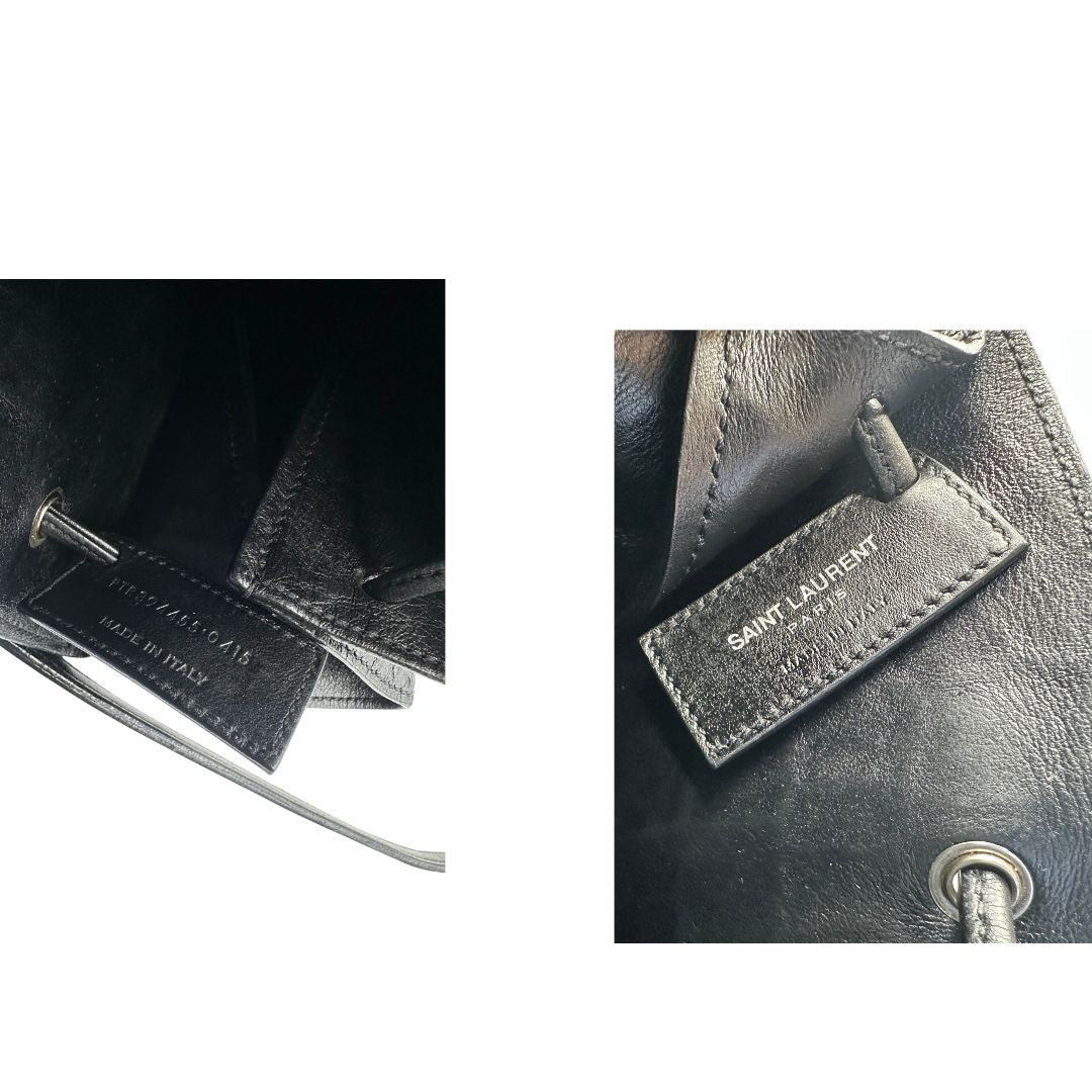 Secchiello ysl in pelle cocco nera con parti metalliche argentate, di lusso, originale, usata. 