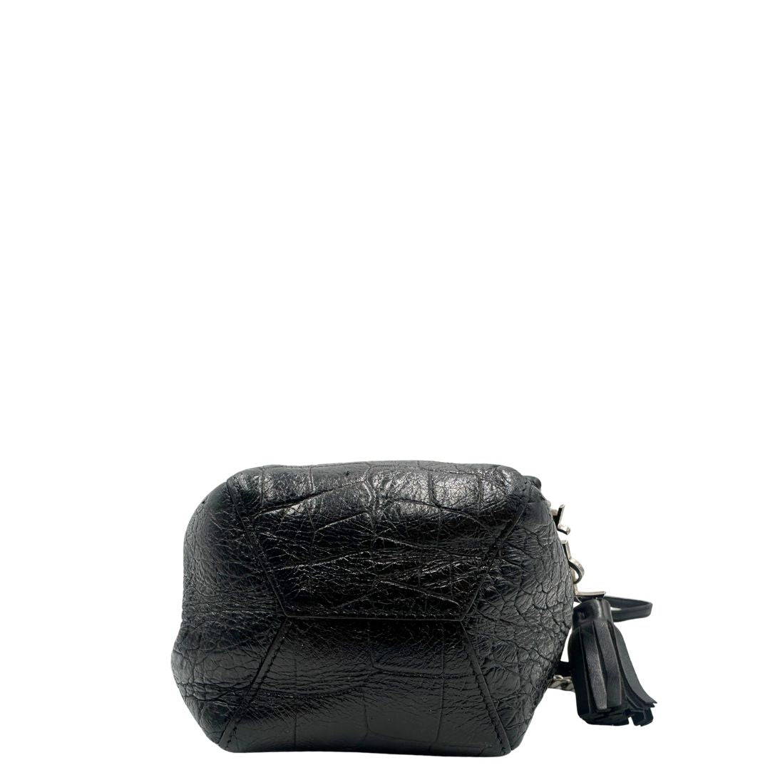 base Secchielo ysl in pelle cocco nera con parti metalliche argentate, di lusso, originale, usata. 