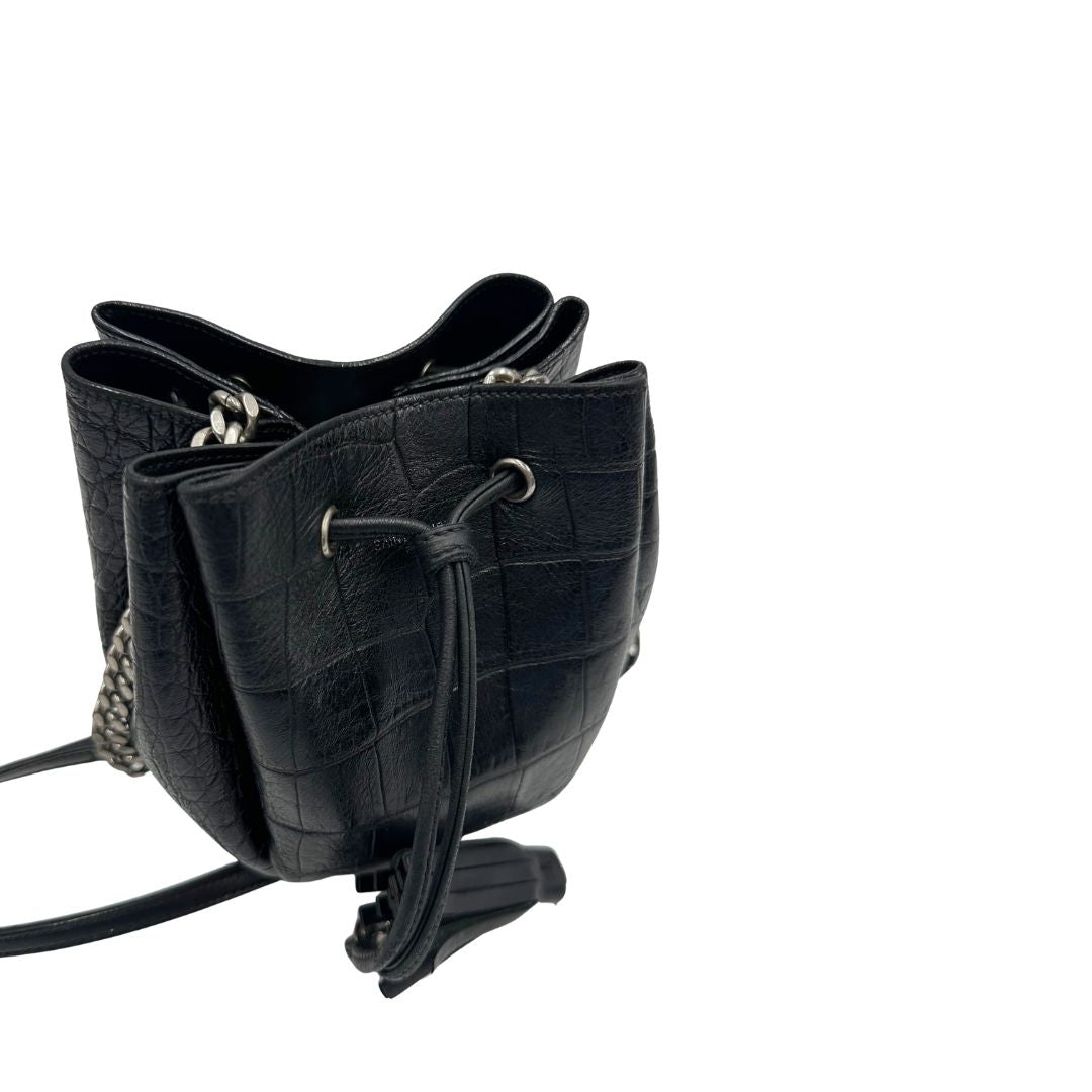 coulisse Secchiello ysl in pelle cocco nera con parti metalliche argentate, di lusso, originale, usata. 