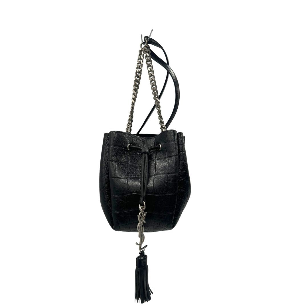 Secchielo ysl in pelle cocco nera con parti metalliche argentate, di lusso, originale, usata. 