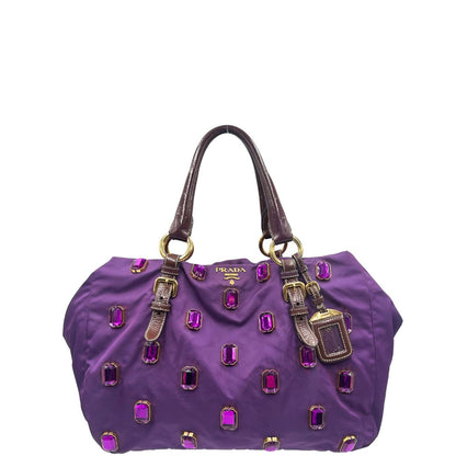 front  Tote Prada in nylon viola impreziosita da pietre tono su tono sul front, di lusso, originale, ottime condizioni, usata 