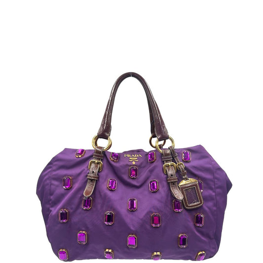 front  Tote Prada in nylon viola impreziosita da pietre tono su tono sul front, di lusso, originale, ottime condizioni, usata 