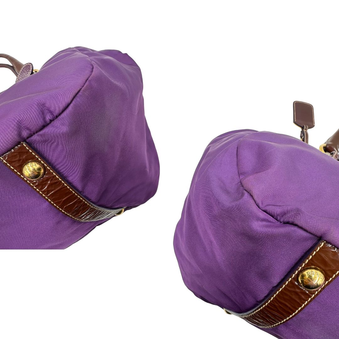 angoli  Tote Prada in nylon viola impreziosita da pietre tono su tono sul front, di lusso, originale, ottime condizioni, usata 