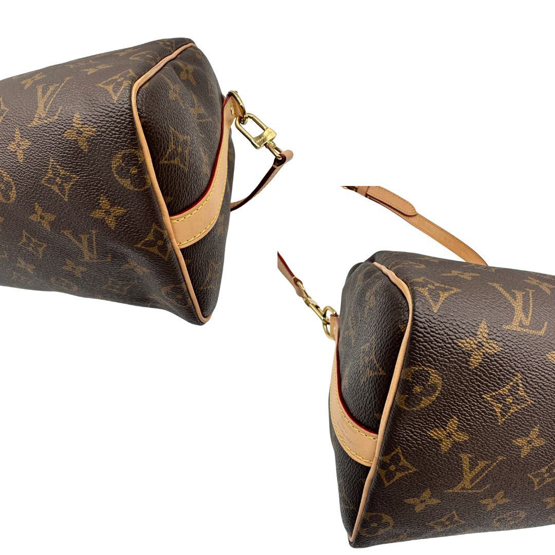 angoli Borsa LV in canvas marrone monogram, con parti metalliche dorate, di lusso, originale, ottime condizioni, usata. 