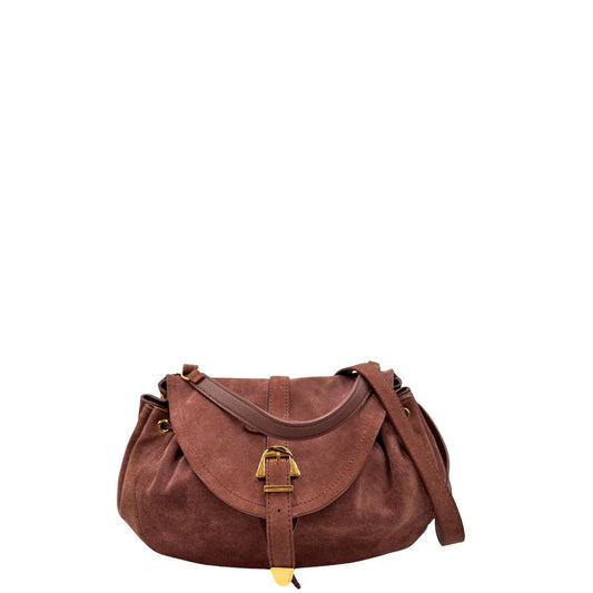 front Borsa Coccinelle in pelle rosa scamosciata con parti metalliche dorate; munita di un manico singolo e una tracolla amovibile. Completa di dustbag, di lusso, originale, ottime condizioni. 