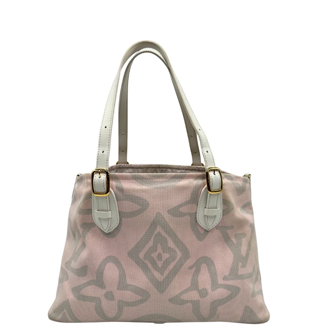 Retro, Borsa Louis Vuitton in tela resistente bicolore con motivi floreali coordinati.