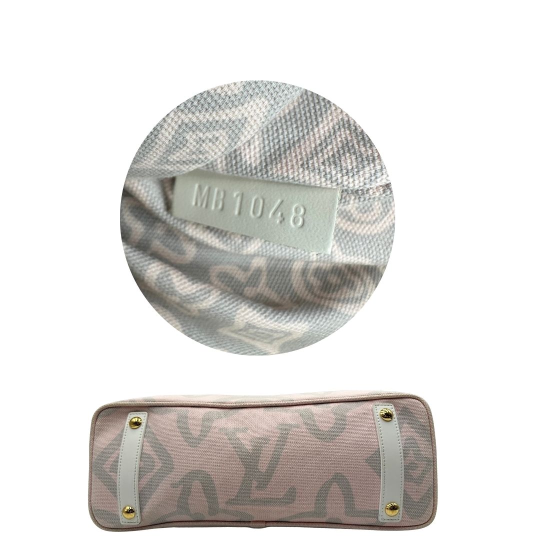 Base e codice, Borsa Louis Vuitton in tela resistente bicolore con motivi floreali coordinati.