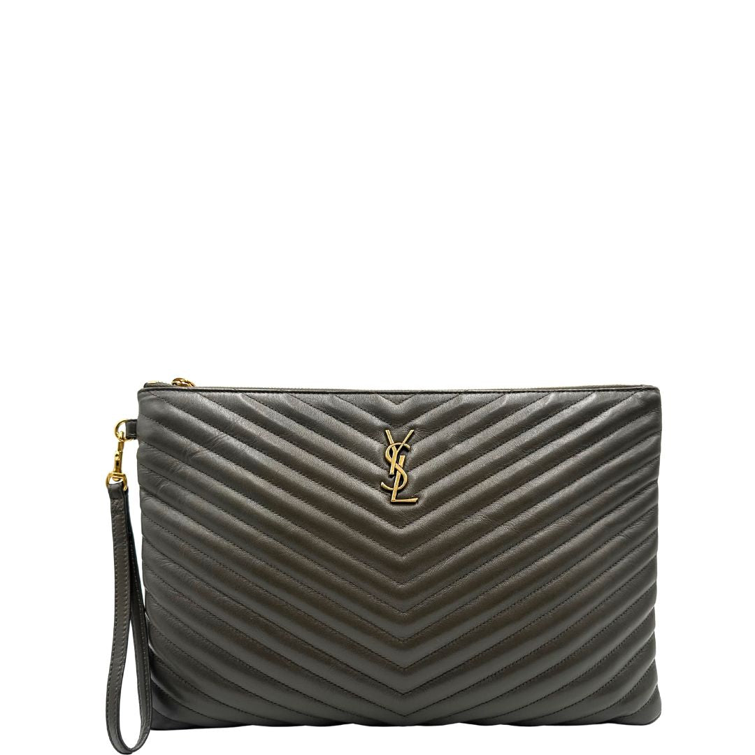 front  Saint Laurent in pelle color light musk con iconico logo YSL, di lusso, originale, eccellenti condizioni, usata. 