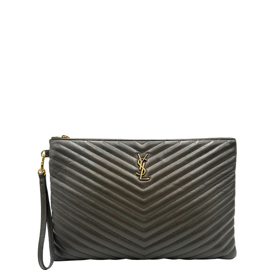 front  Saint Laurent in pelle color light musk con iconico logo YSL, di lusso, originale, eccellenti condizioni, usata. 