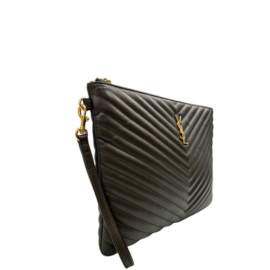 lato  Saint Laurent in pelle color light musk con iconico logo YSL, di lusso, originale, eccellenti condizioni, usata. 