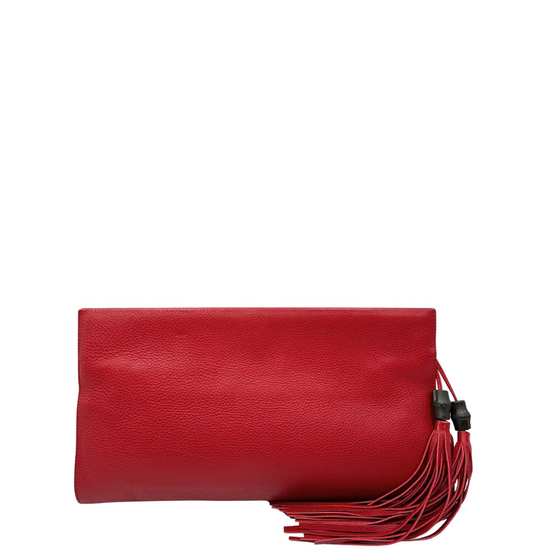 retro  Pochette Gucci maxi in pelle rossa martellata con dettagli Bamboo, di lusso, originale, ottime condizioni, usata. 
