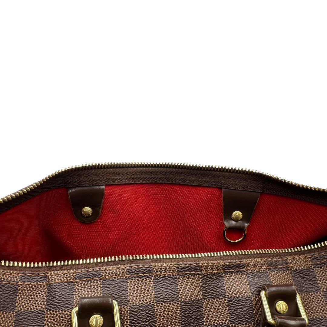  Louis Vuitton Speedy in tela Damier Ébène marrone e hardware dorato. Originale, usato, di lusso, in buone condizioni.