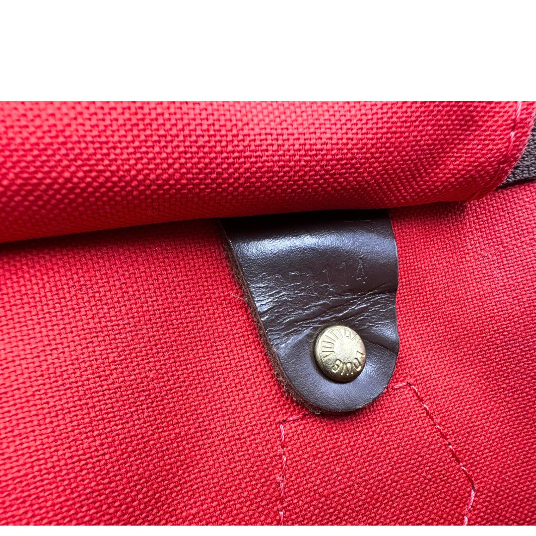 Codice, Louis Vuitton Speedy in tela Damier Ébène marrone e hardware dorato. Originale, usato, di lusso, in buone condizioni.