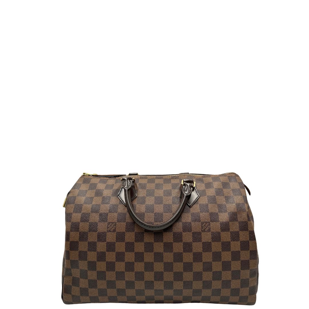 Retro, Louis Vuitton Speedy in tela Damier Ébène marrone e hardware dorato. Originale, usato, di lusso, in buone condizioni.