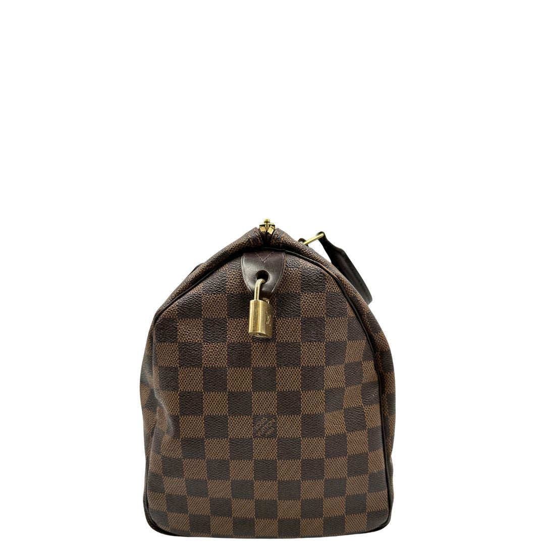  Louis Vuitton Speedy in tela Damier Ébène marrone e hardware dorato. Originale, usato, di lusso, in buone condizioni.