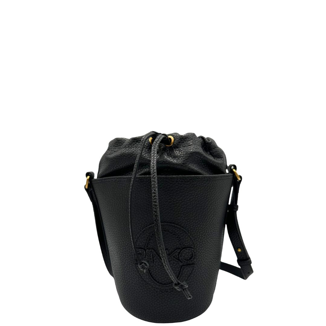 front  Secchiello Pinko in pelle martellata nera, di lusso, originale, eccellenti condizioni, usata. 