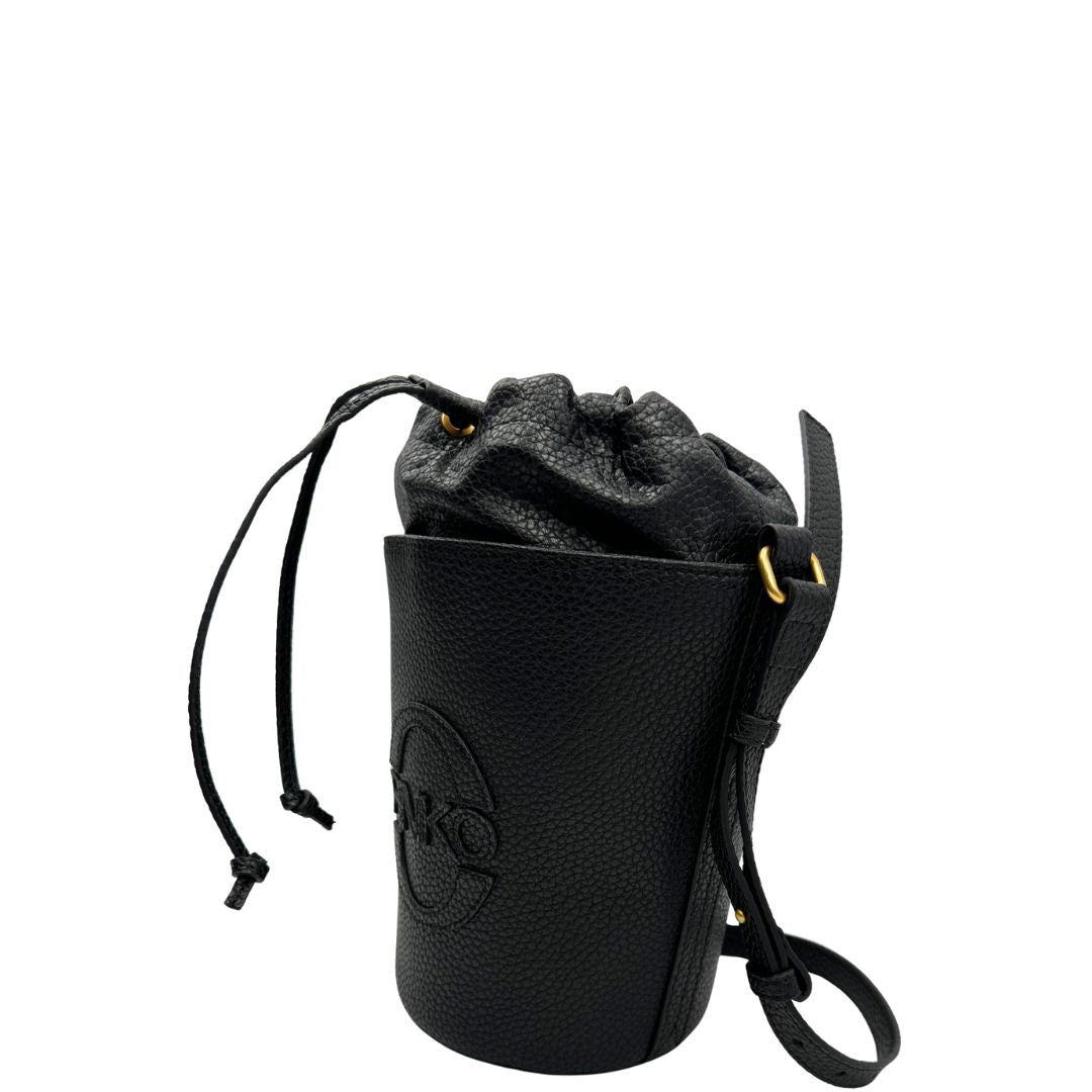 lato  Secchiello Pinko in pelle martellata nera, di lusso, originale, eccellenti condizioni, usata. 