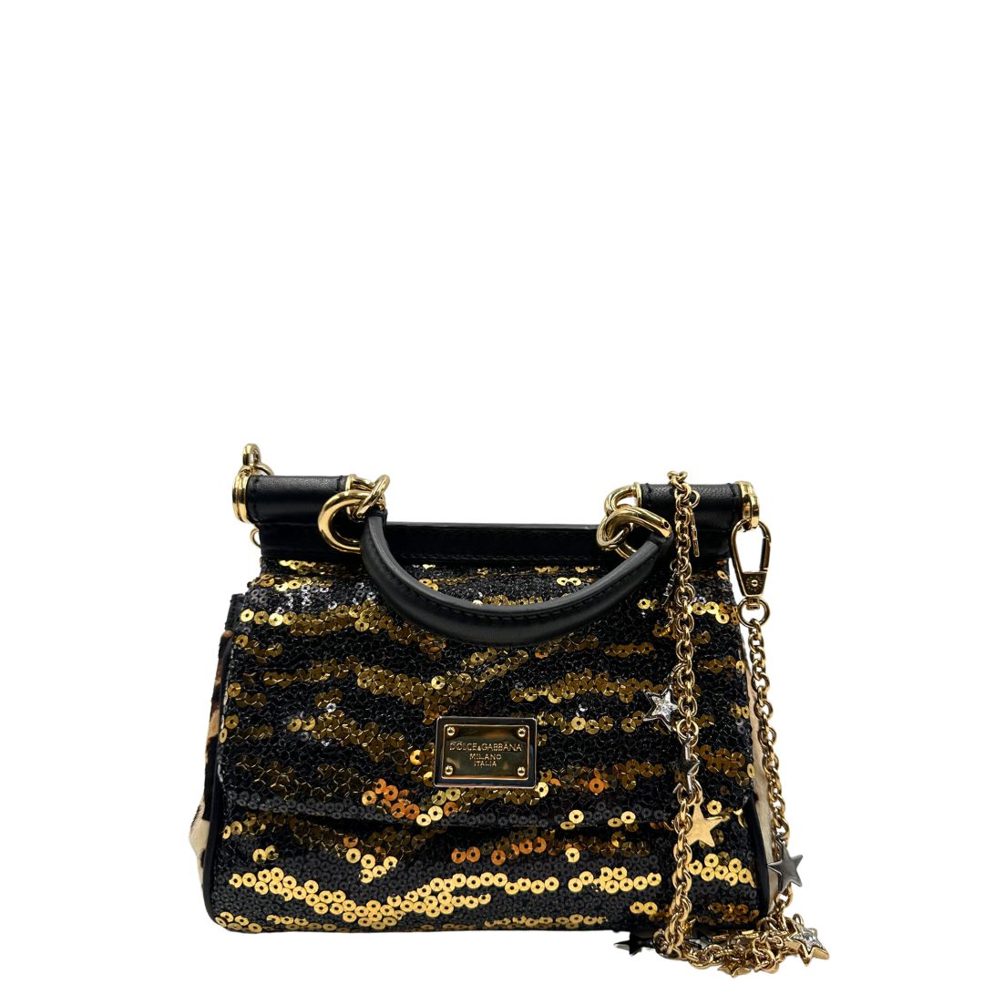 front  Borsa D&G impreziosita da paillettes dorate e nere, di lusso, usata, ottime condizioni. 