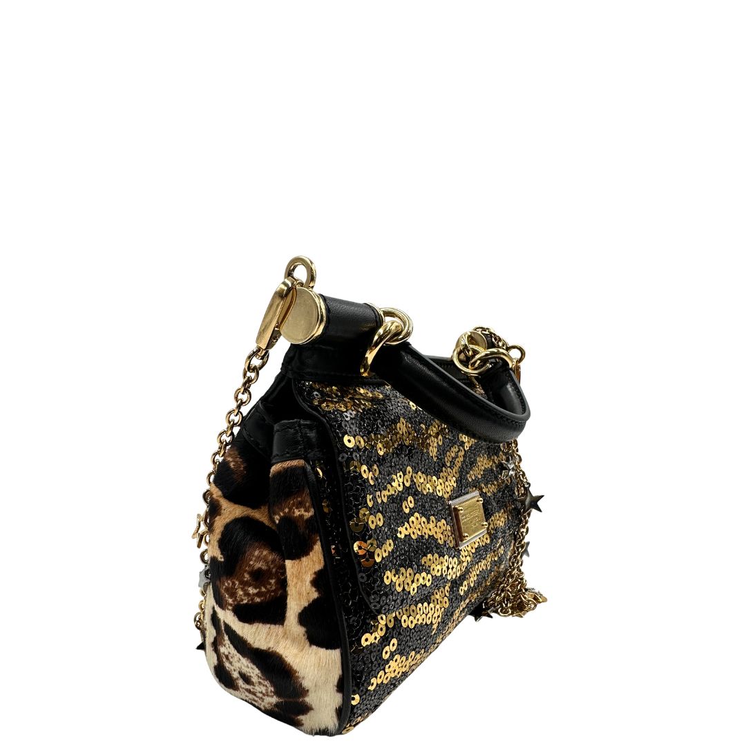 lato  Borsa D&G impreziosita da paillettes dorate e nere, di lusso, usata, ottime condizioni. 