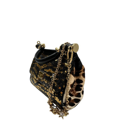 lato  Borsa D&G impreziosita da paillettes dorate e nere, di lusso, usata, ottime condizioni.