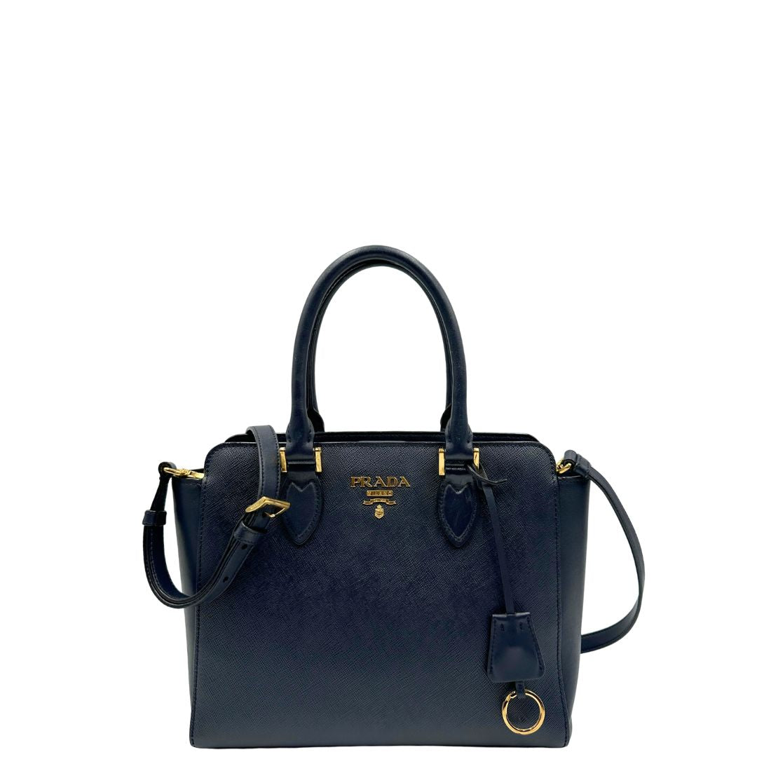 front Borsa Prada in pelle saffiano blu, di lusso, originale, ottime condizioni, usata.
