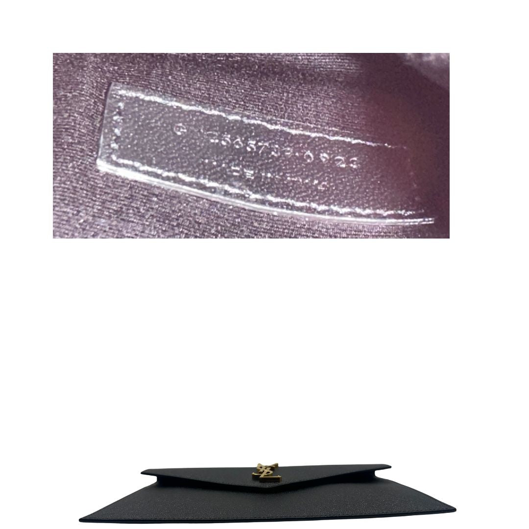 base Pochette Saint Laurent in pelle nera martellata impreziosita dall'iconico logo Cassandre, di lusso, originale, eccellenti condizioni, usata.