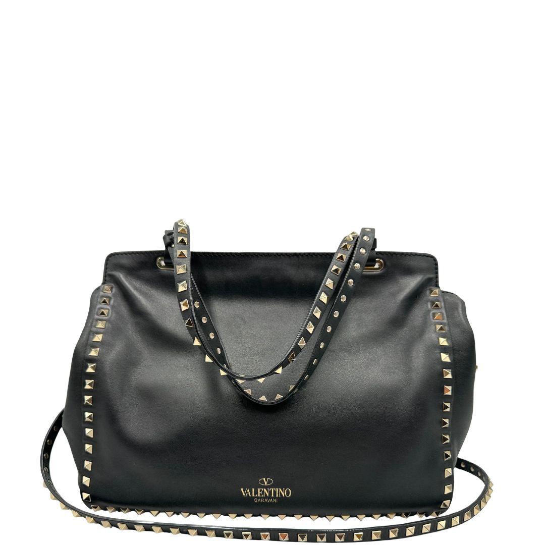 retro Rockstud Valentino Garavani rifinita con borchie piramidali oro chiaro, di lusso, originale, ottime condizioni, usata. 