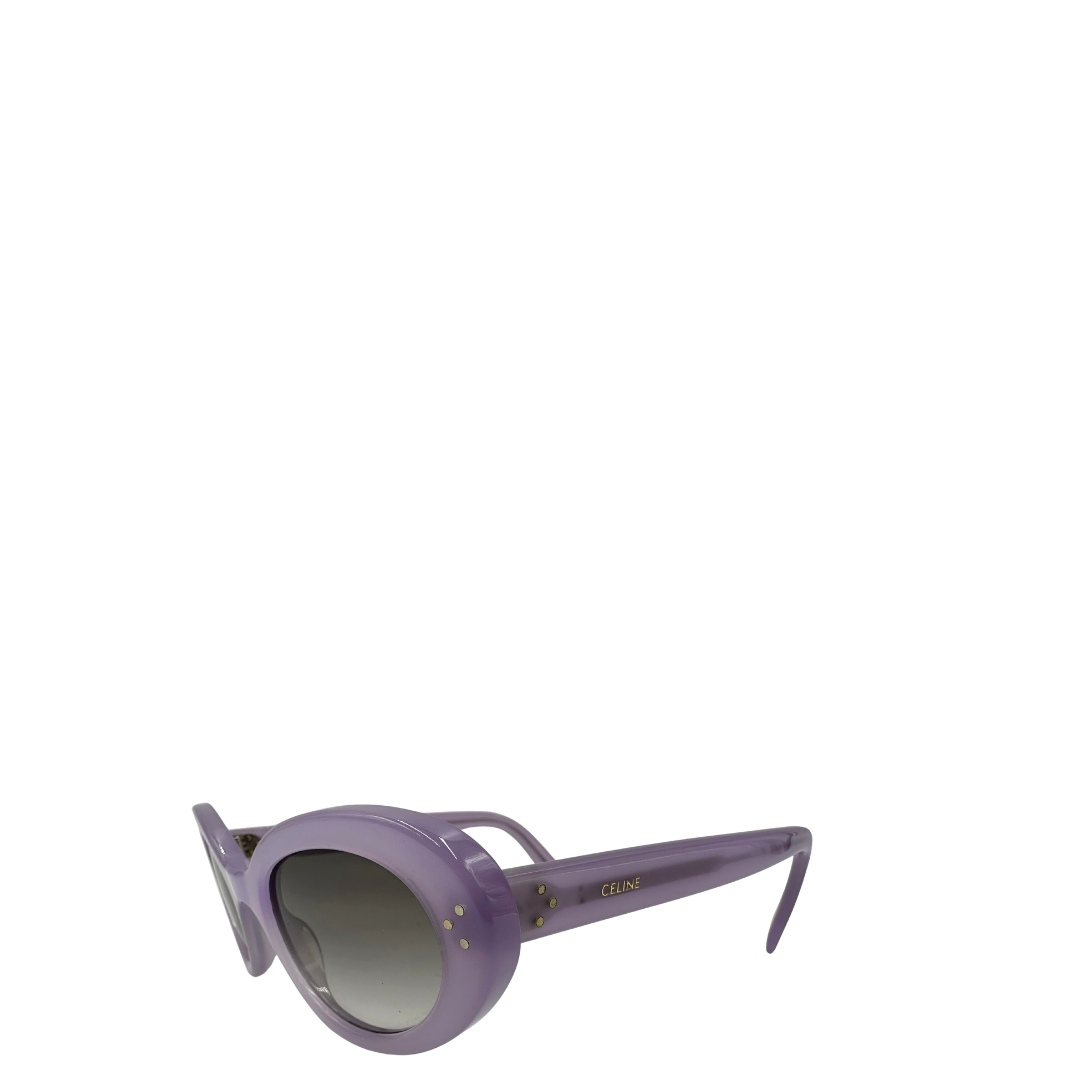 Laterale destro di una paio di occhiali da sole Celine tondi con lenti sfumate grigie, usati, originali, second hand, in ottime condizioni.