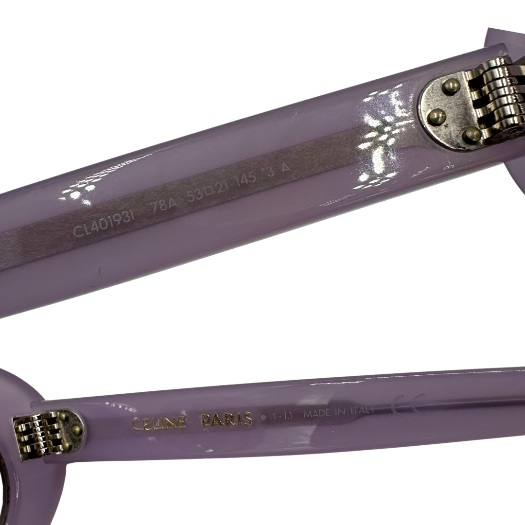 Interno delle aste di una paio di occhiali da sole Celine tondi con lenti sfumate grigie, usati, originali, second hand, in ottime condizioni.