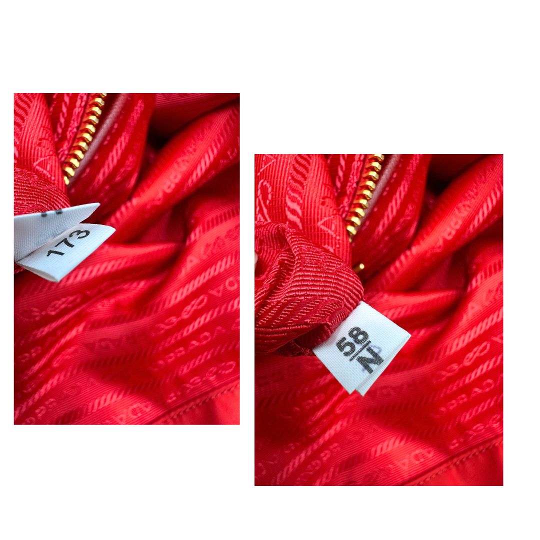 Codice di una borsa Prada in nylon rosso e finiture in pelle saffiano tono su tono, usata, originale, second hand, in ottime condizioni.