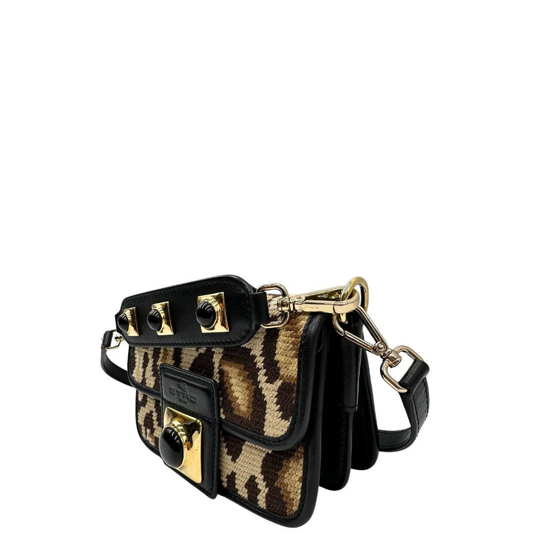 lato  Borsa Etro in tessuto sui toni del marrone trama animalier, di lusso, originale, ottime condizioni, usata.  
