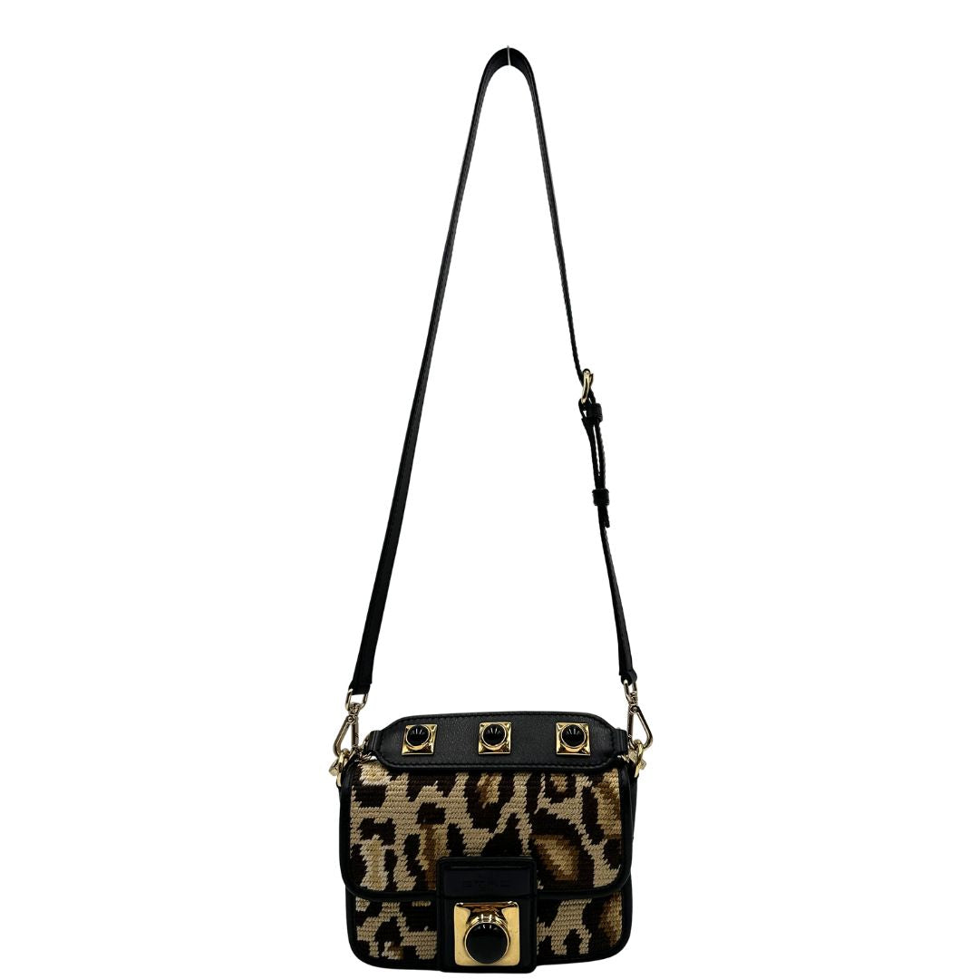 front  Borsa Etro in tessuto sui toni del marrone trama animalier, di lusso, originale, ottime condizioni, usata.  