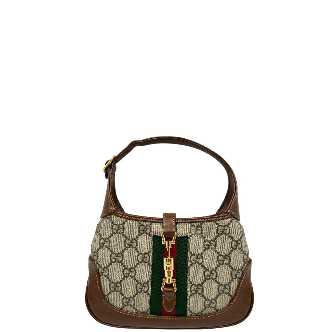 front  Borsa Gucci Jackie in canvas GG e pelle marrone, di lusso, originale, eccellenti condizioni, usata. 