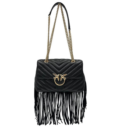 Front, Borsa Pinko in morbida nappa trapuntata con frange in pelle scamosciata e hardware dorato, indossabile a tracolla o a spalla.