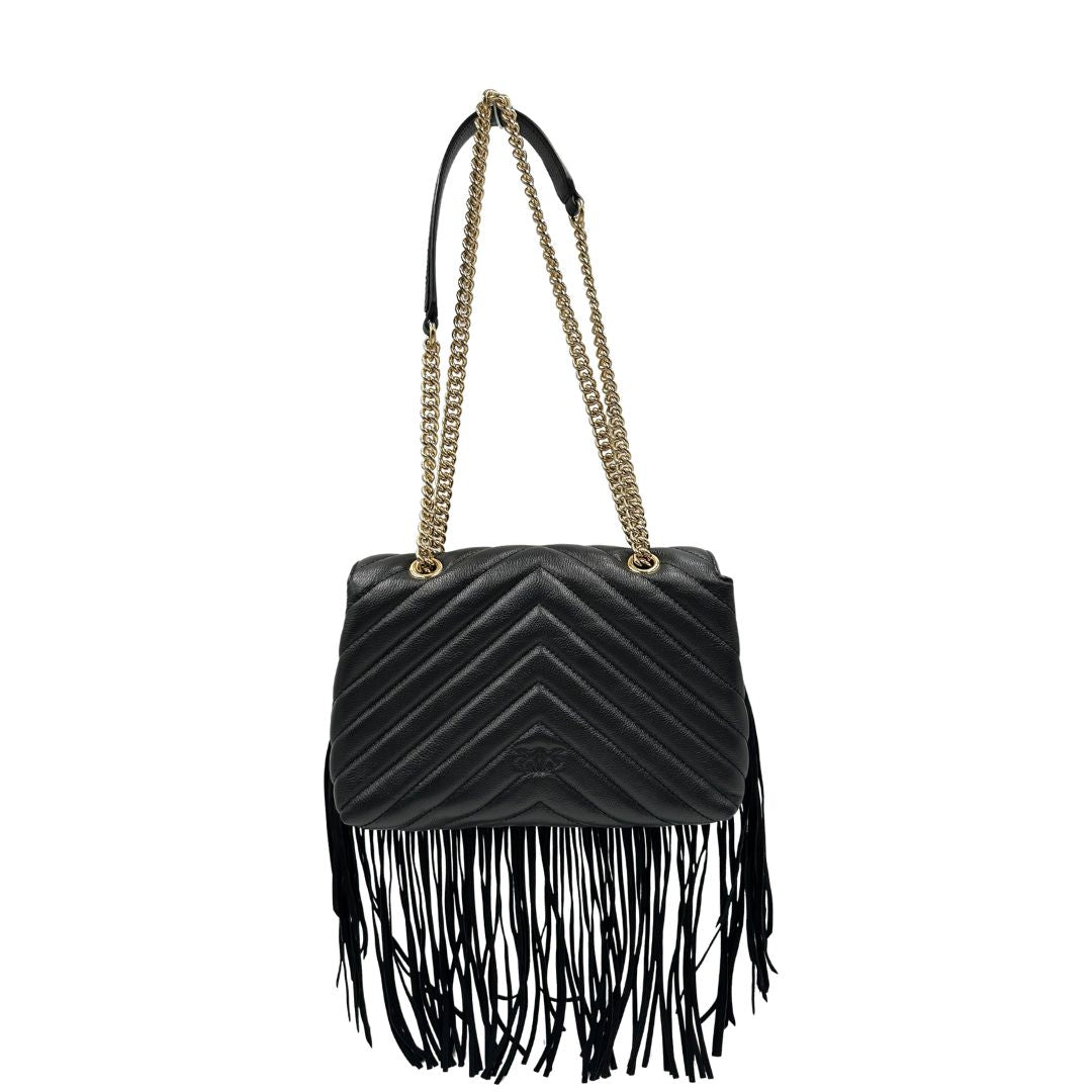 Retro, Borsa Pinko in morbida nappa trapuntata con frange in pelle scamosciata e hardware dorato, indossabile a tracolla o a spalla.