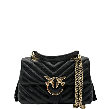 Front, Borsa Pinko in morbida nappa trapuntata con frange in pelle scamosciata e hardware dorato, indossabile a tracolla o a spalla.