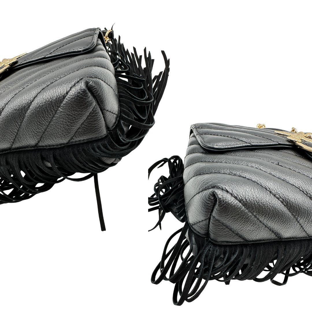 Angoli, Borsa Pinko in morbida nappa trapuntata con frange in pelle scamosciata e hardware dorato, indossabile a tracolla o a spalla.