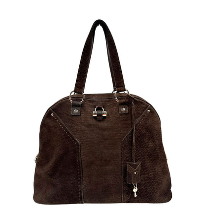 Front, Borsa YSL realizzata in camoscio marrone trama cocco color marrone cioccolato e hardware argentato, indossabile a spalla. Originale, usata, di lusso, in ottime condizioni.