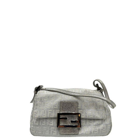 front  Baguette Fendi in tessuto bianco e argento, di lusso, originale, ottime condizioni, usata. 
