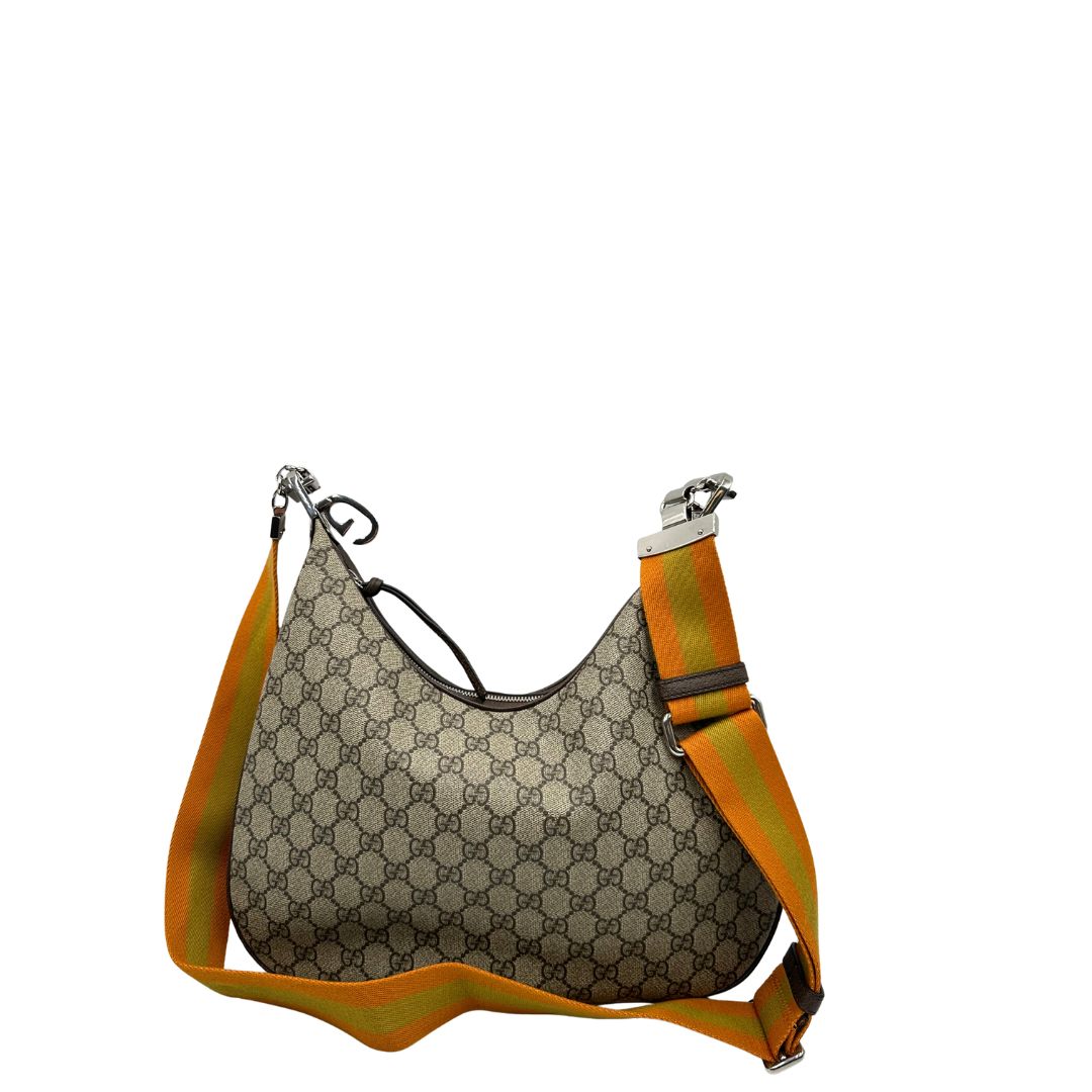 Retro, Borsa Gucci Attache in canvas beige con tracolla Web arancione e verde. Originale, usata, di lusso, in condizioni eccellenti.