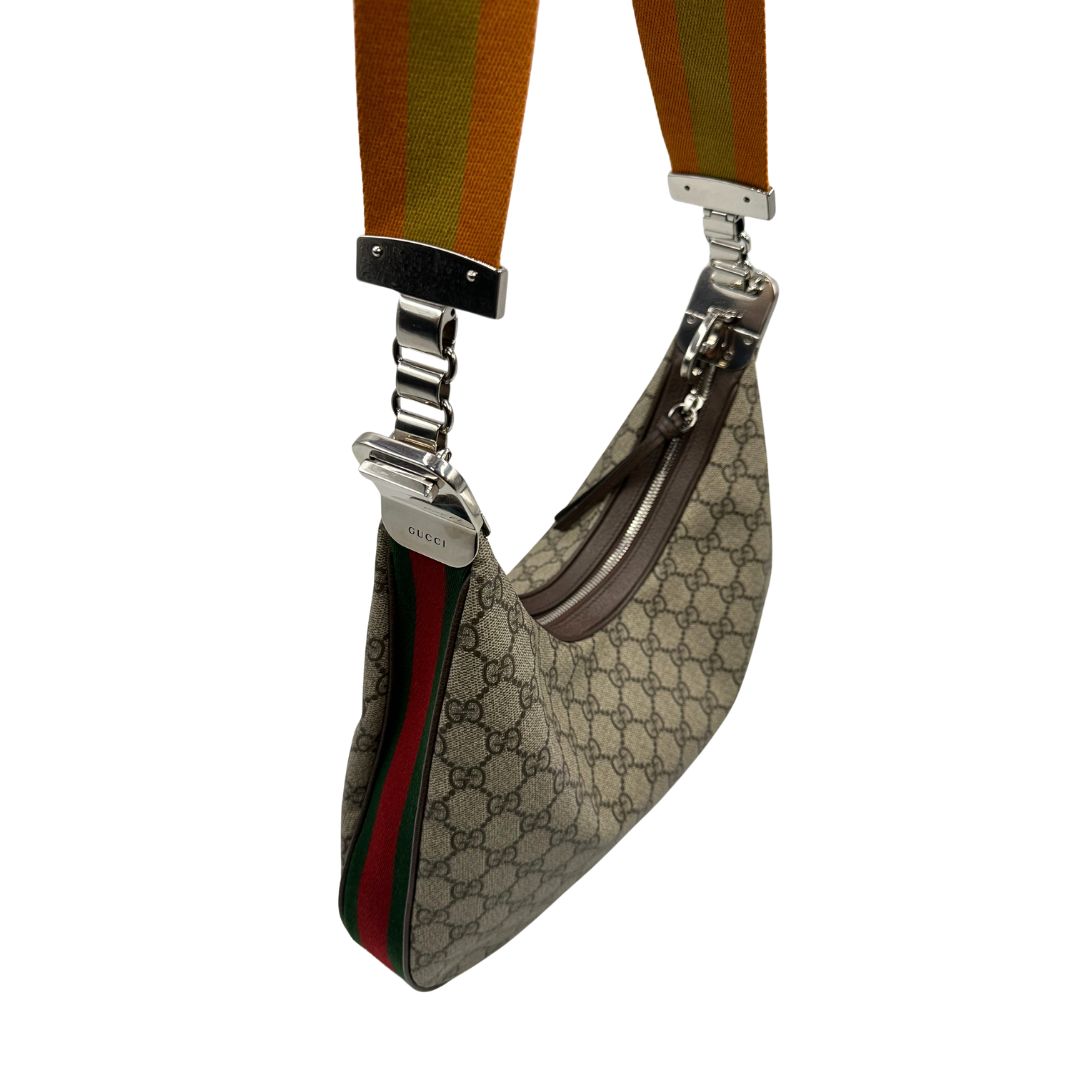 Borsa Gucci Attache in canvas beige con tracolla Web arancione e verde. Originale, usata, di lusso, in condizioni eccellenti.